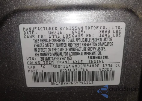 2016 Nissan Sentra S из США, поврежденный, VIN 3N1AB7AP6GY241163